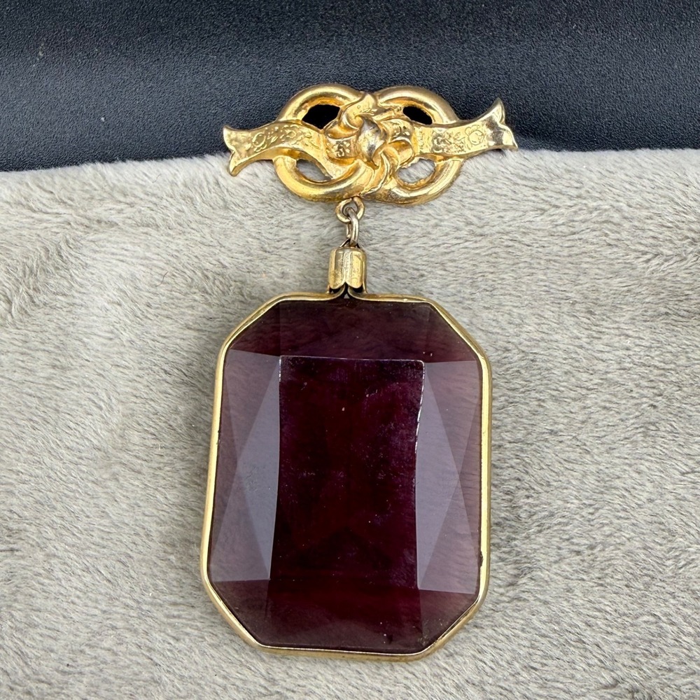 Vintage Signed Purple Faceted Glass Watch Fob Brooch Gold Tone